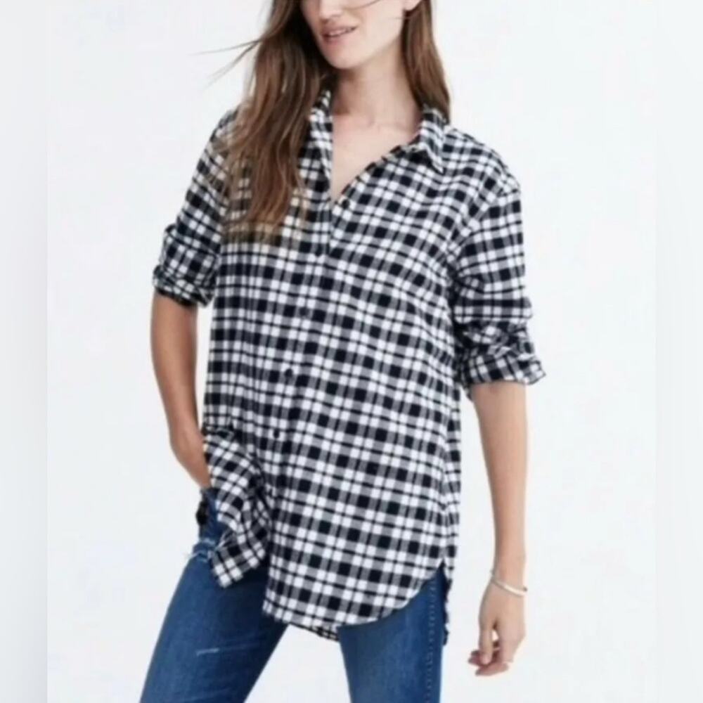 Madewell Women's Oversized Flannel Shirt with Side Button Detail Black White XXS
